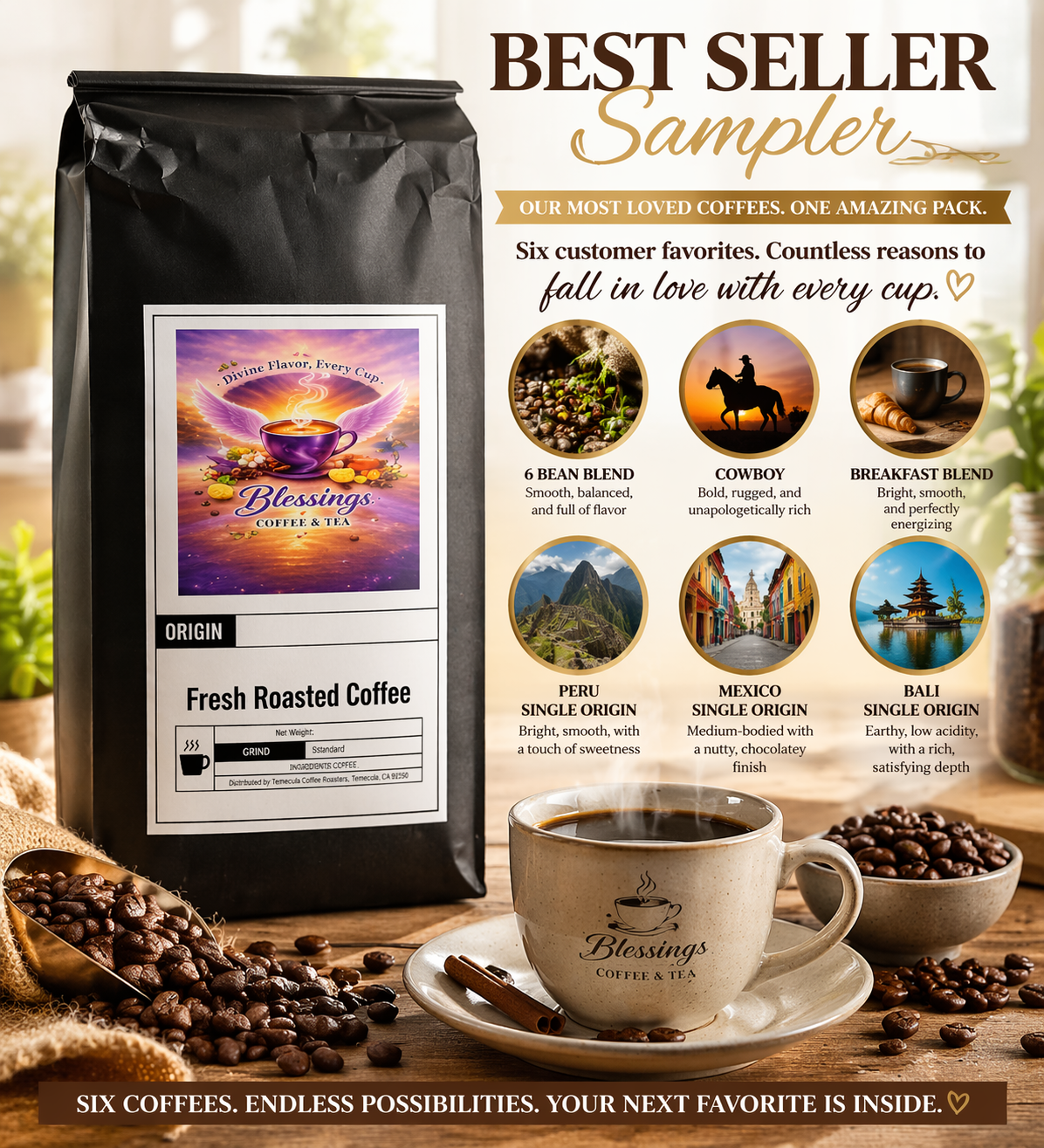 Best Sellers Sample Pack – 6 Pack Coffee Sampler /Blessings Coffee & Tea